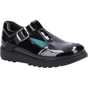 Hush Puppies Kerry T-Bar Buckle Patent Black Leather School Shoe