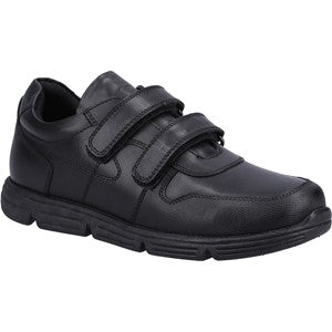 Hush Puppies Lucas Leather Touch Fastening Black Leather School Shoe