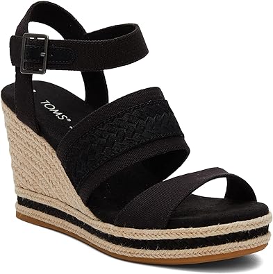 Toms Madelyn Women's Black Canvas-Embossed Suede Heels Sandals