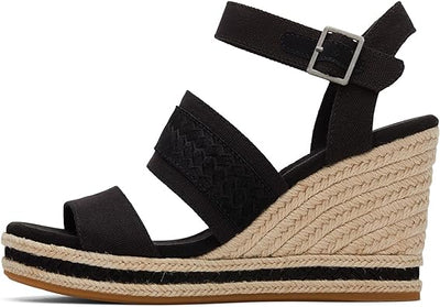 Toms Madelyn Women's Black Canvas-Embossed Suede Heels Sandals