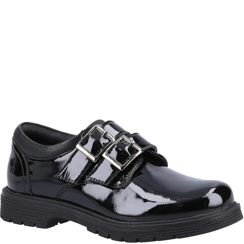 Hush Puppies Sunny Patent Senior Girls School Shoes Black Strap Over