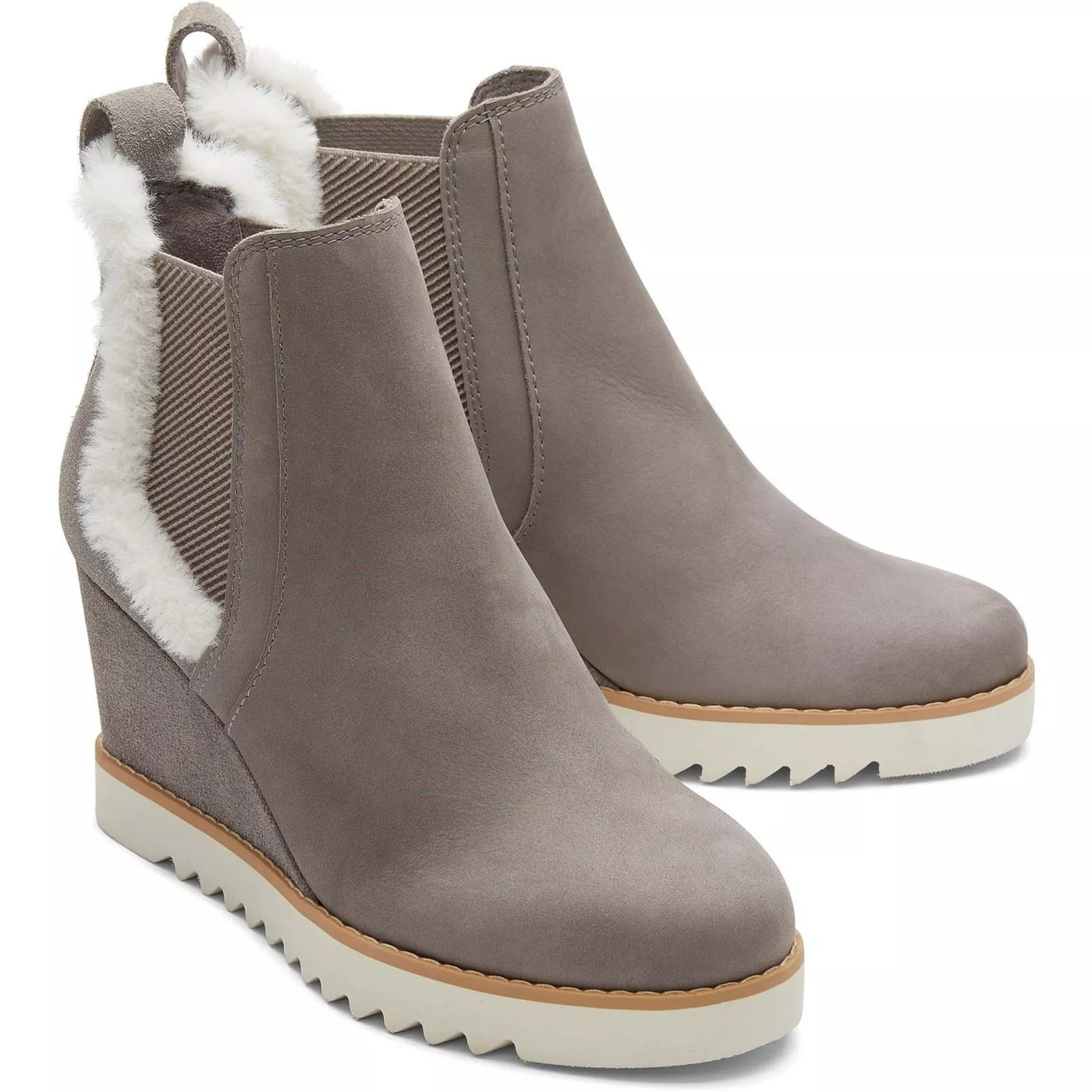 Toms Maddie Pale Grey Suede Faux Fur Trim Wedge Boots